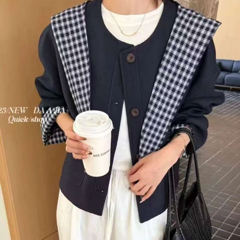 呢料单排扣静奢风宽松型女短外套圆领常规秋冬原宿风