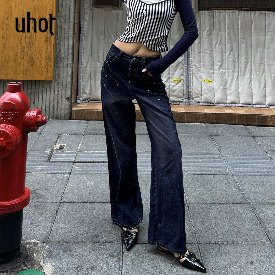 UHOT/诱货深蓝色植绒慵懒风宽松牛仔裤女阔腿直筒烫钻 UWWA2K664M