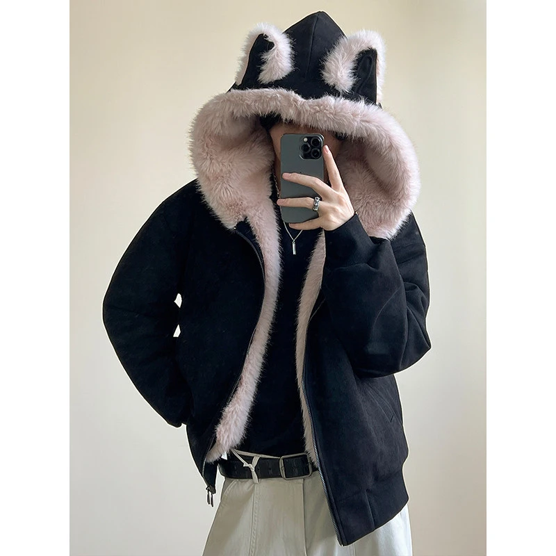 黑色座山雕猫耳朵连帽棉服女2025冬季新款加绒加厚棉衣设计感外套