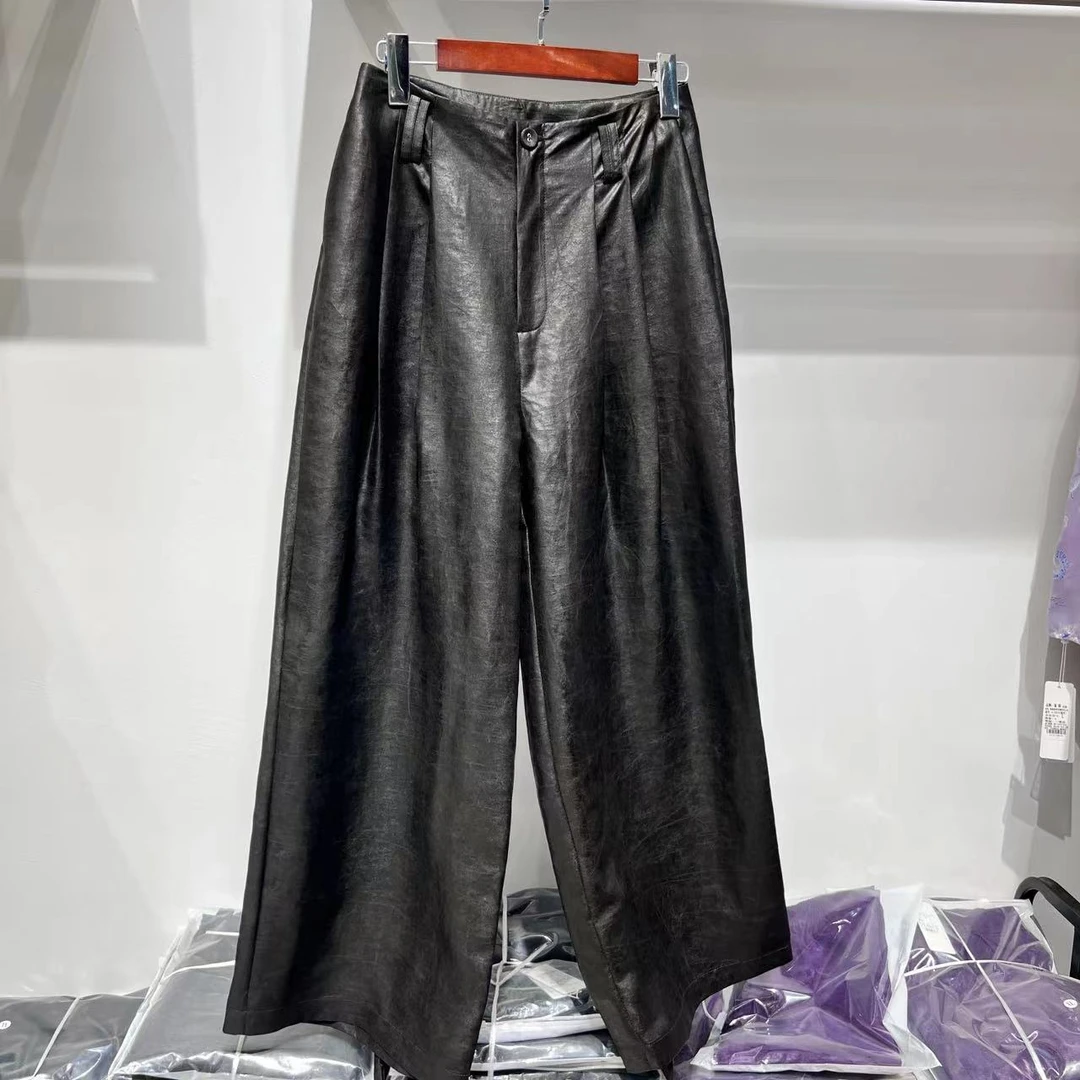 【滋滋冒油】牛皮绸香云纱桑蚕丝黑油皮直筒基础女士休闲裤Q8125018