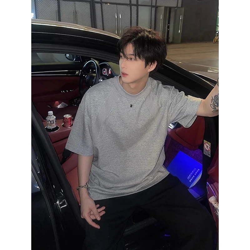 浅灰色正肩boxy版型短袖男款夏季潮流重磅硬挺t恤短宽运动半截袖
