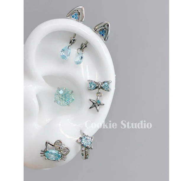 钛钢合成锆石耳饰 萌猫手册 钛钢耳钉耳骨钉耳蜗钉耳轮钉