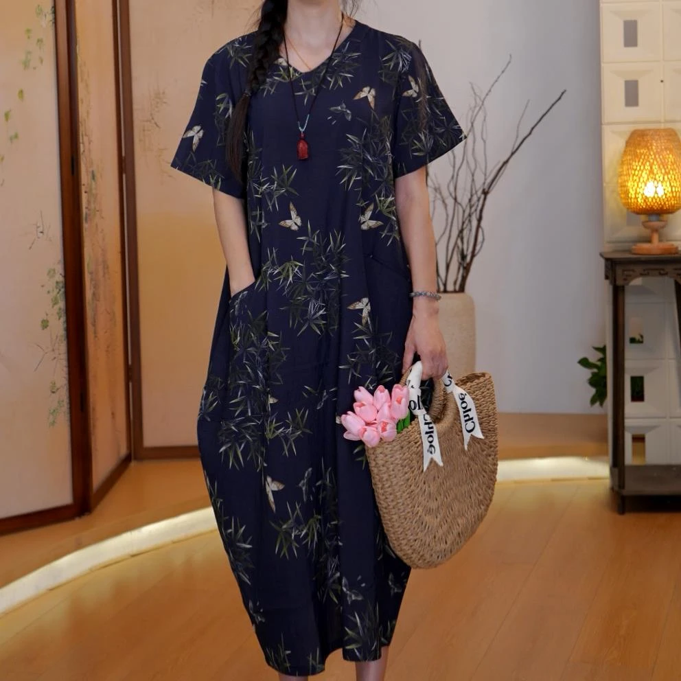 紫竹和蝴蝶V领印花口袋碎花休闲连衣裙夏季