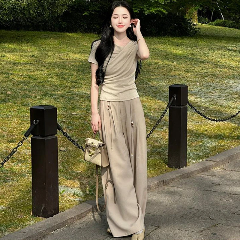 韩系高级感套装女2025夏季新款气质减龄运动休闲短袖T恤阔腿裤