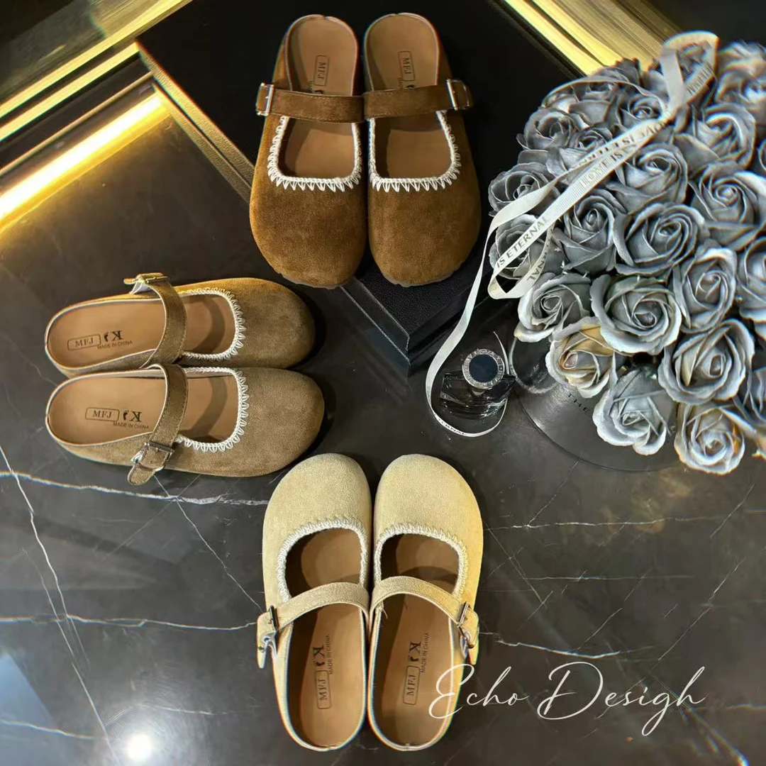 【ECHO】特！'毛线刺绣卷玛丽珍‘韩系半包内增高勃肯拖鞋女2025秋款