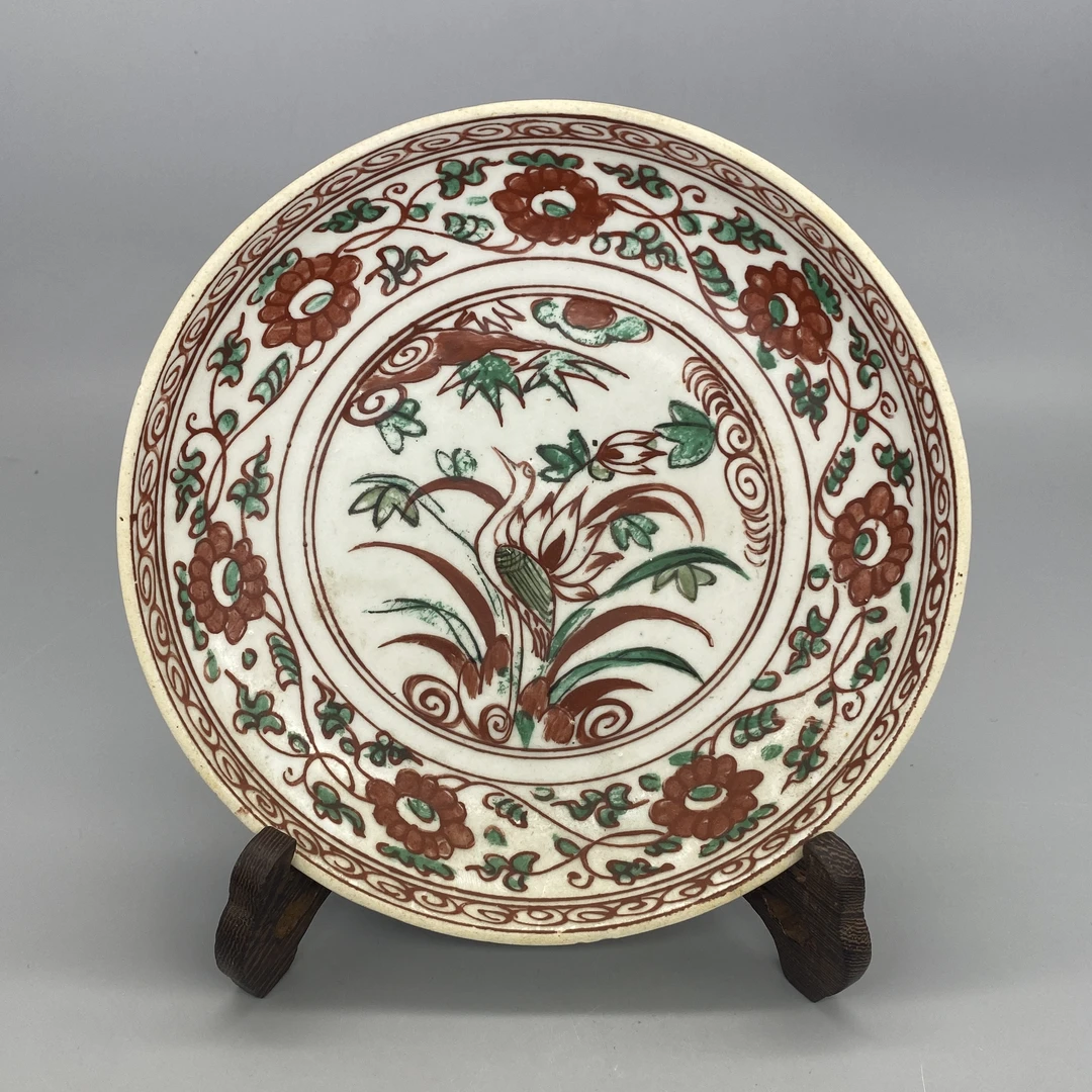 62501012*明万历漳州窑红绿彩花鸟纹盘/瓷器六