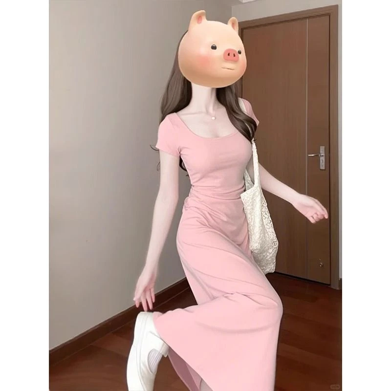 夏季粉色连衣裙女初夏穿搭多巴胺a字掐腰夏日绝美小裙子包臀长裙