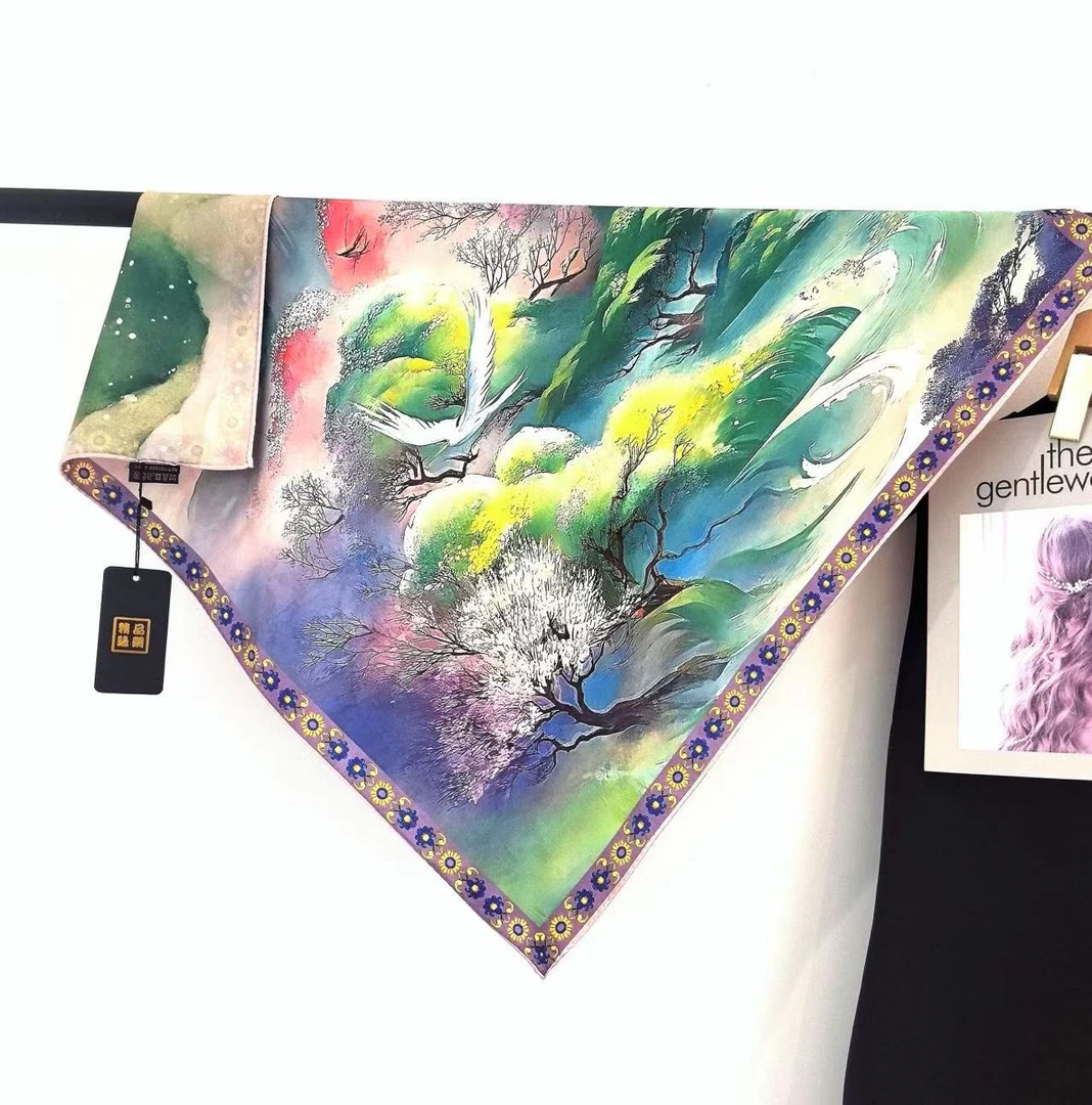 香云纱桑蚕丝70*70时尚百搭双面花萝国风提花气质方巾