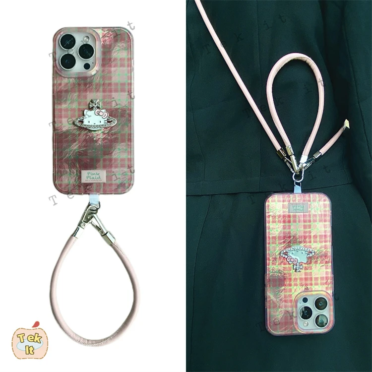 ins锡纸纹粉绿格纹Kitty适用iPhone16pro手机壳15promax手提14pro