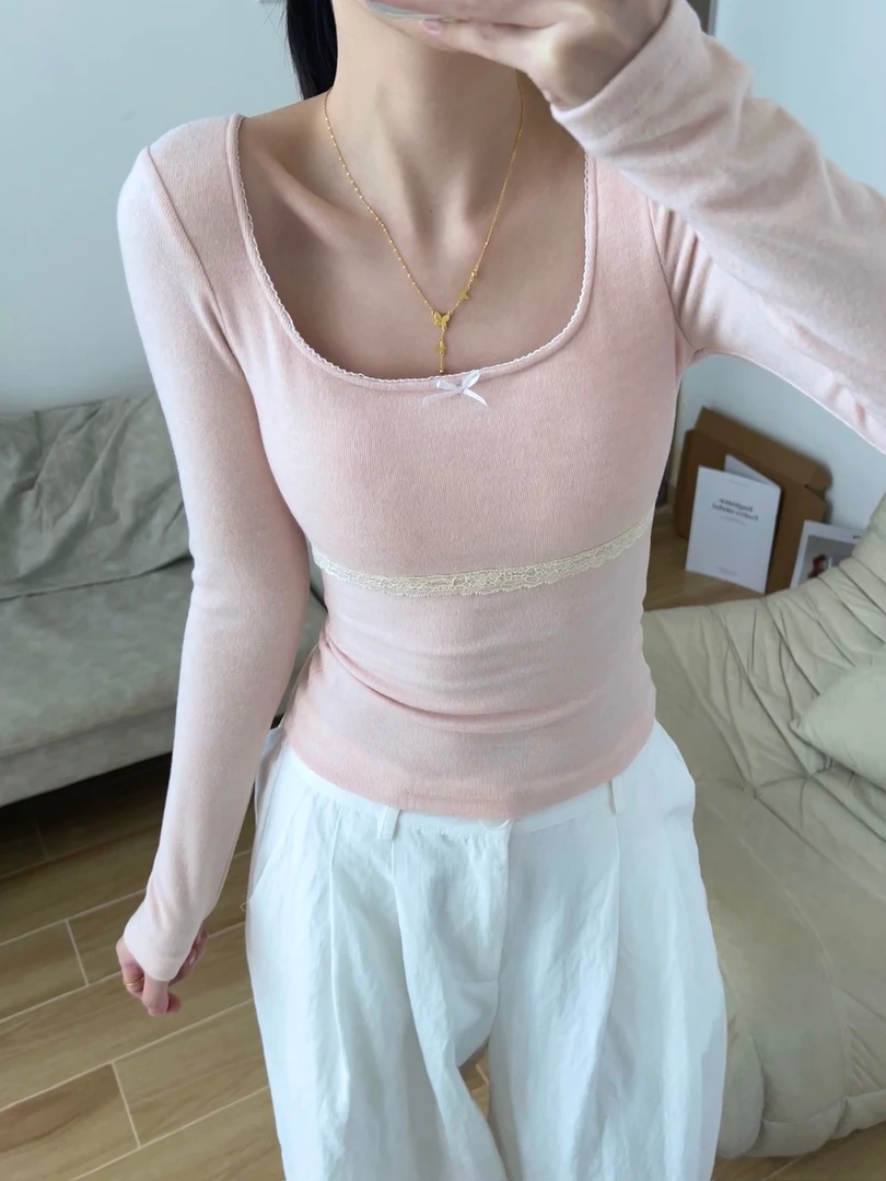 秋冬纯欲厚款轻磨毛大方领修身显瘦内搭打底衫带胸垫长袖上衣女