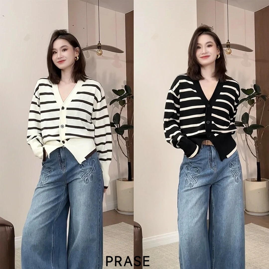 PRASE·噜【线条画家】微胖轻奢设计款秋女羊毛条纹毛织开衫PR508C40