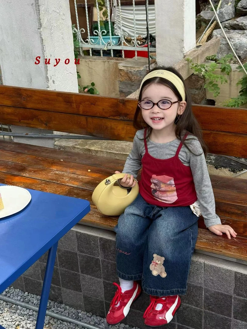 女童红色吊带上衣两件套蓝色牛仔裤（SY-663062+663108-秋A）汉服