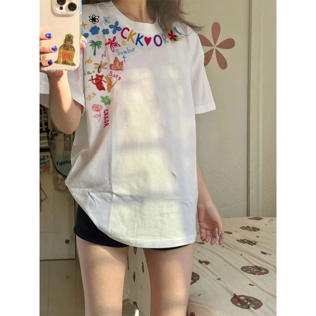 夏季新款圆领卡通t恤女短袖穿搭百搭休闲宽松慵懒风穿搭半袖上衣