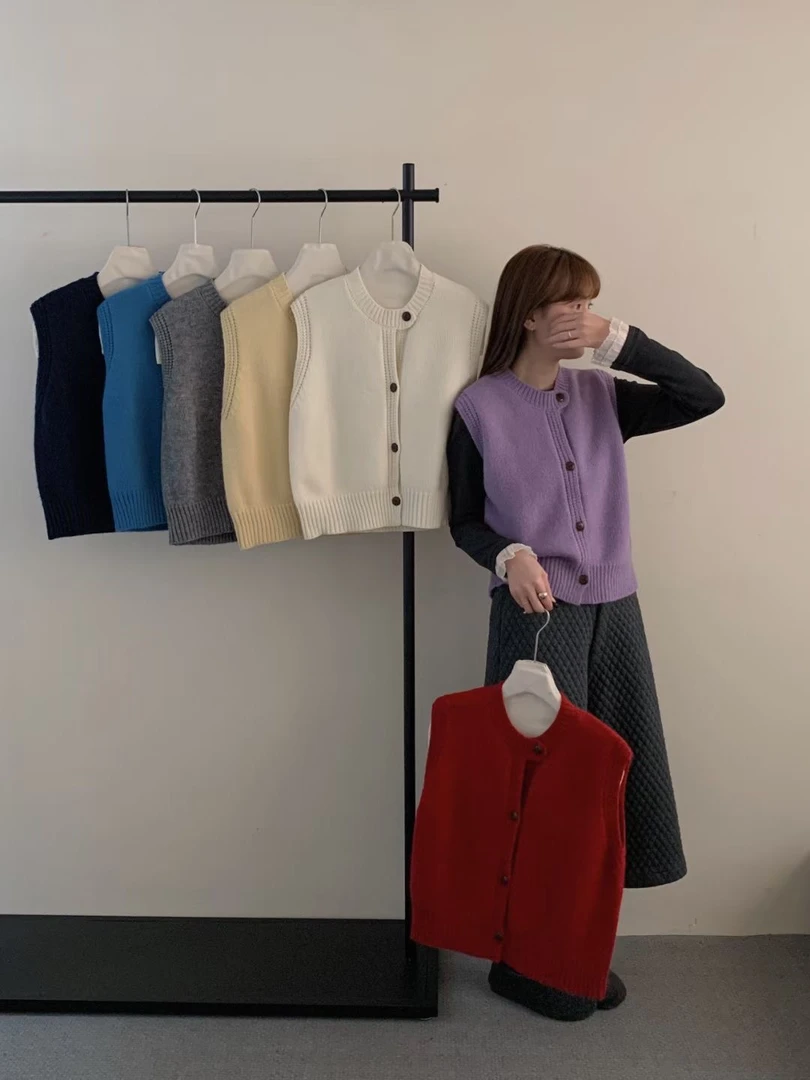 盼扣经典常规圆领马甲百搭纽扣小香风针织马夹韩版秋冬显瘦宽松