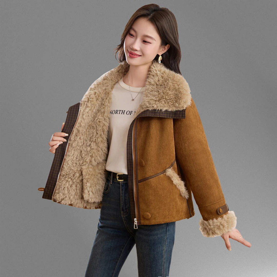 短款皮毛一体羊羔毛棉服外套女2025年冬季新款加厚保暖机车服棉衣