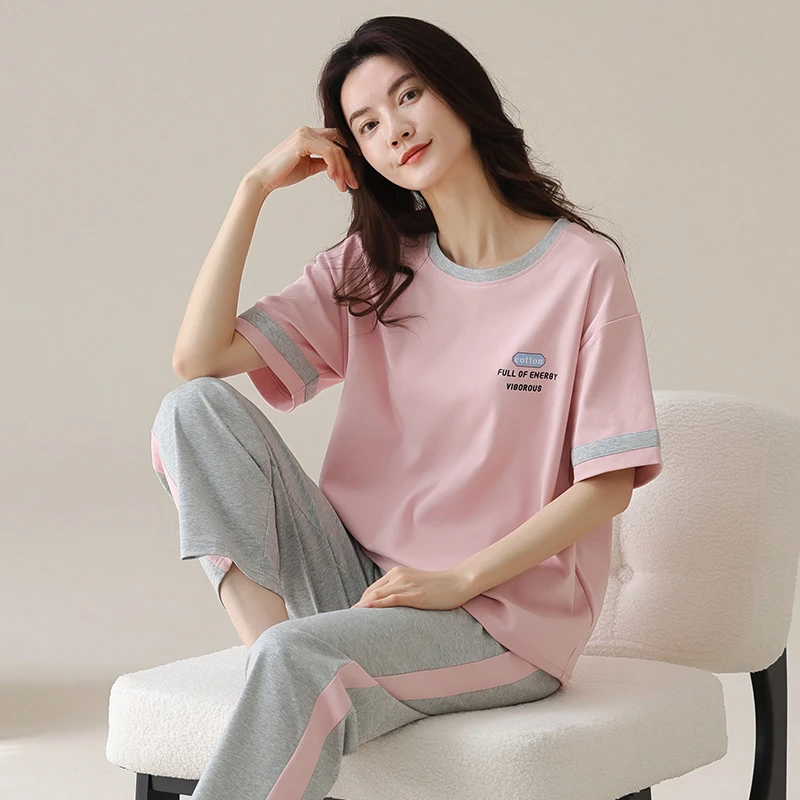 睡衣女春夏100%纯棉短袖长裤休闲宽松学生宿舍家居服秋可外穿套装