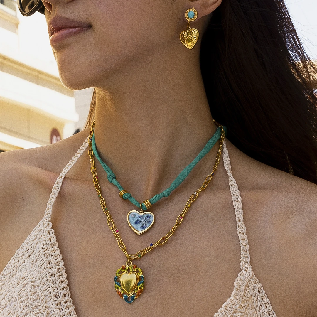 钛钢布艺项链 欧美时尚项链轻奢高级感丝巾钛钢锁骨链爱心爆款女