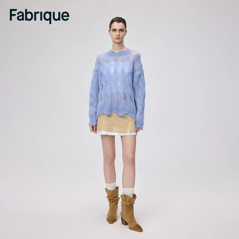 【达人专享】Fabrique宽松婴儿蓝马海毛镂空破洞针织绞花毛衣