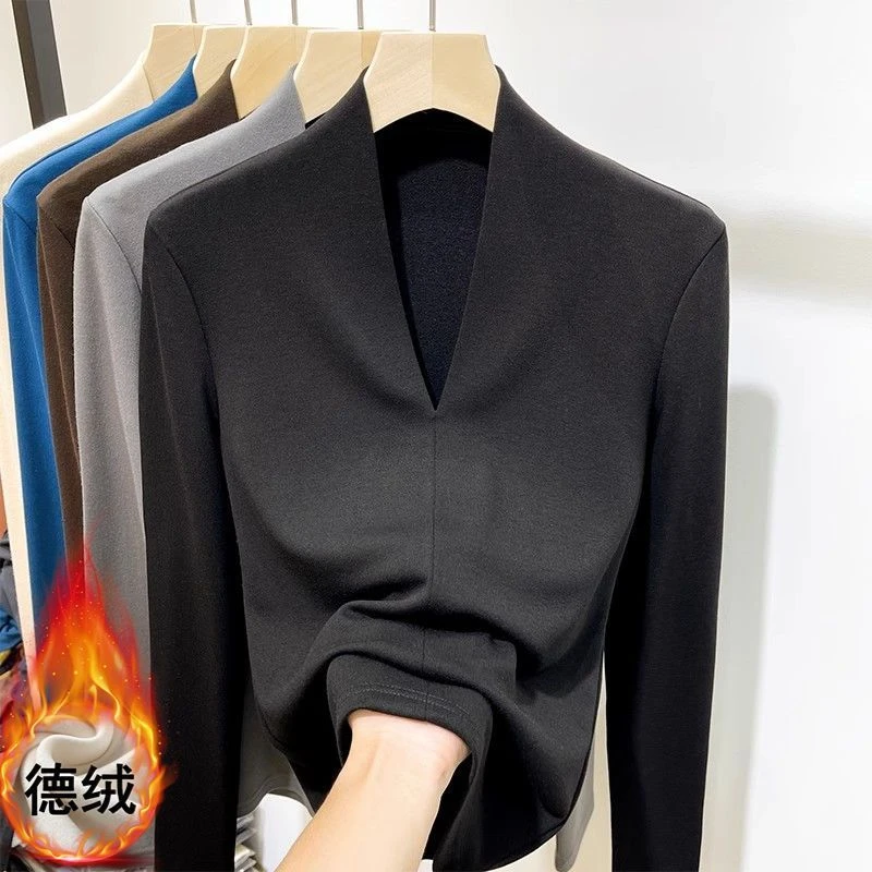 欧货V领双面德绒加绒加厚长袖女2025新款秋冬修身洋气内搭打底衫