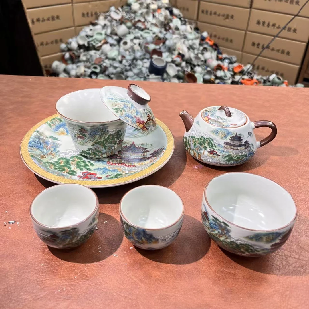 ZH078--汝窑仙山阁楼石瓢壶盖碗带四杯茶具套装