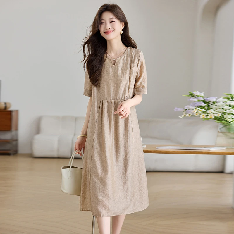 纯色宽松腰通勤天丝麻蕾丝连衣裙夏装大码法式海妖风显瘦气质时尚