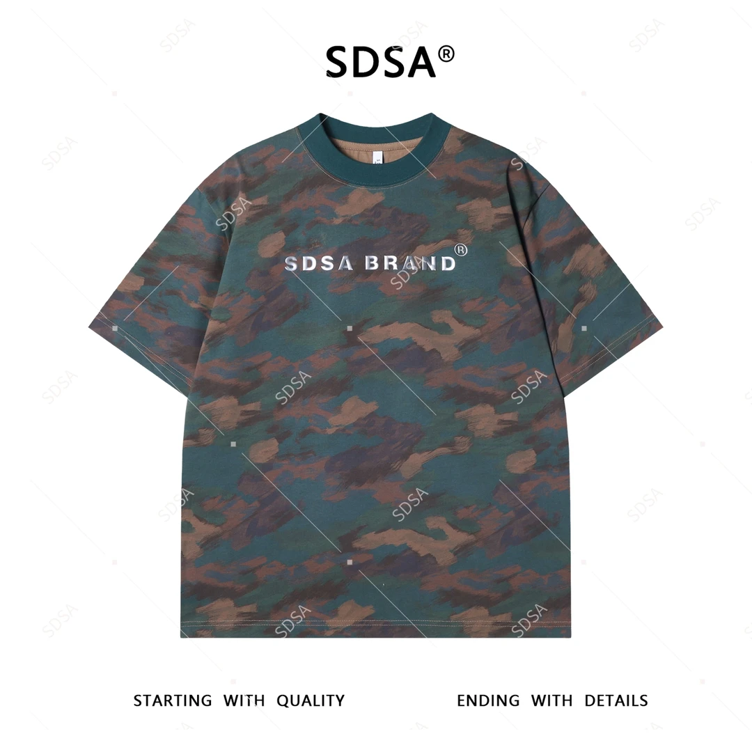 夏季高级感新款男士美式撞色简约圆领短袖T恤复古迷彩圆领上衣