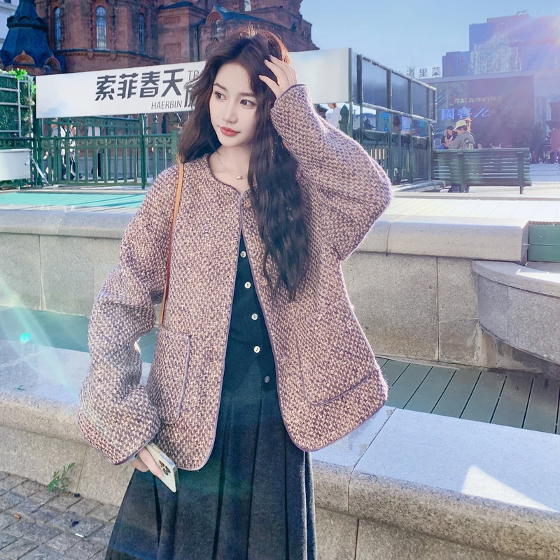 韩版小香风紫色毛呢外套女2025年秋冬季新款加厚显瘦短款呢子大衣