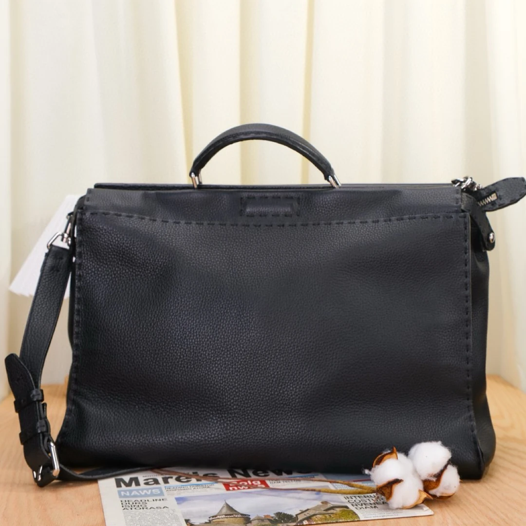 99新 FENDI/芬迪 8586 peekaboo 大号黑色牛皮斜挎单肩包手提包
