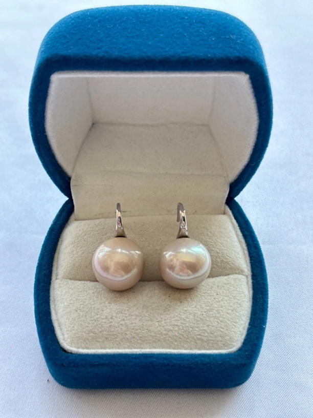 天然淡水珍珠14-15mm正圆大龙珠香槟金色气质高跟鞋耳钩R042