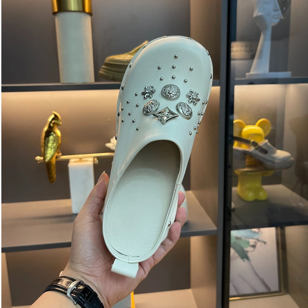 牛皮/5cm/百搭厚底增高跟粗跟圆头夏季外穿真皮中跟包头半拖