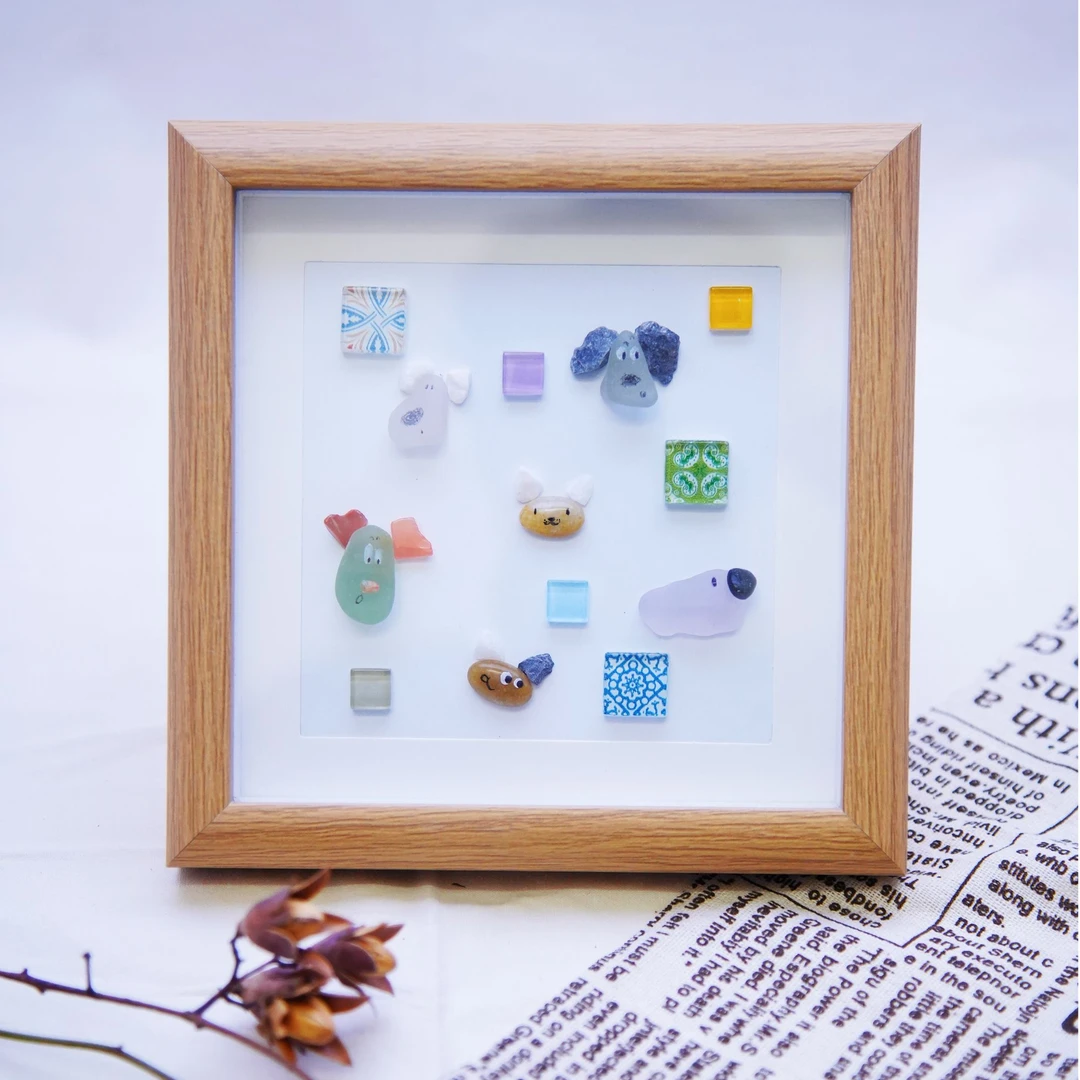 DIY石头小动物拼贴画实木相框创意手工装饰画中空立体儿童彩色