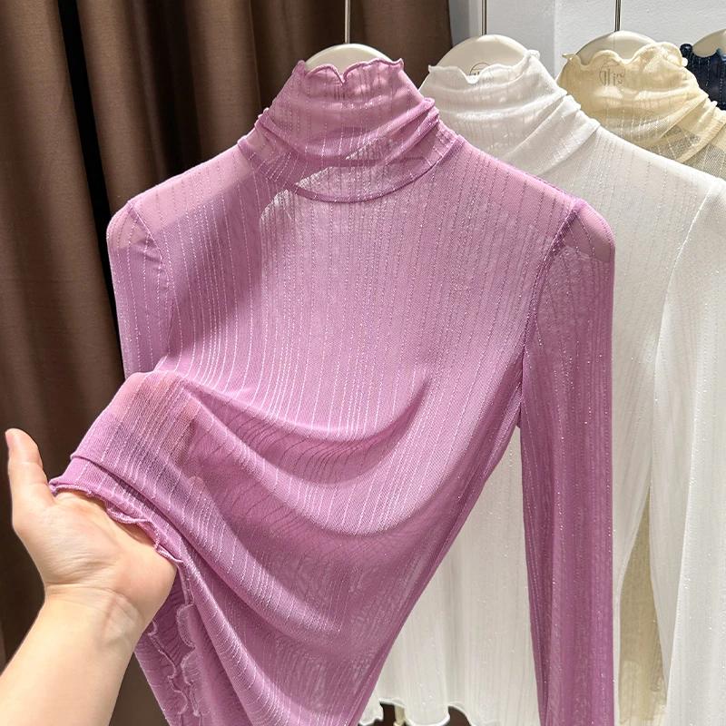 网纱紫色木耳堆堆领长袖透视上衣女T恤2025春秋季新款高档打底衫