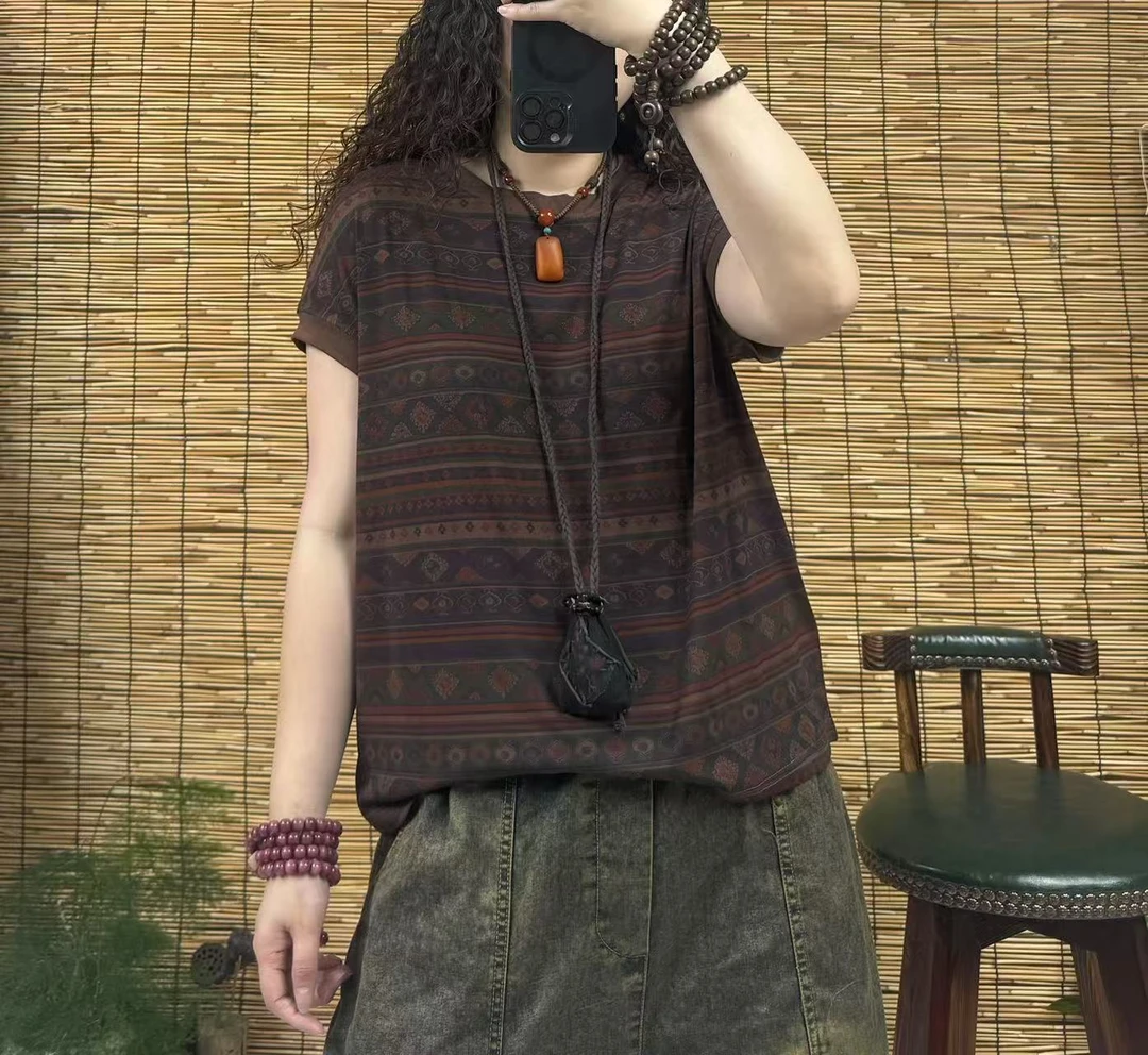 3353复古菱形条纹花T（长60左右，90-150斤）