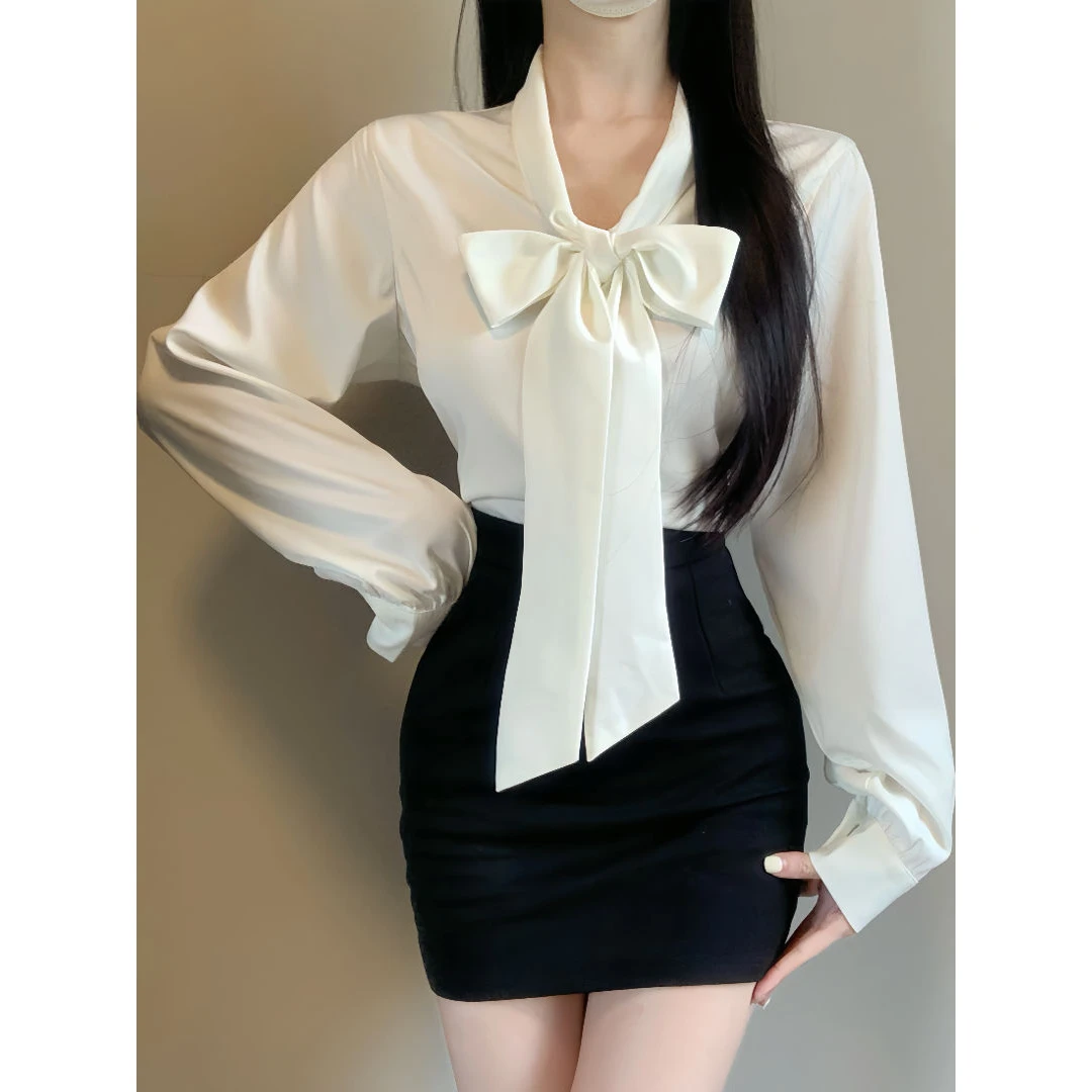 2025新款纯欲气质白色缎面垂感飘带长袖上衣高腰修身包臀裙套装