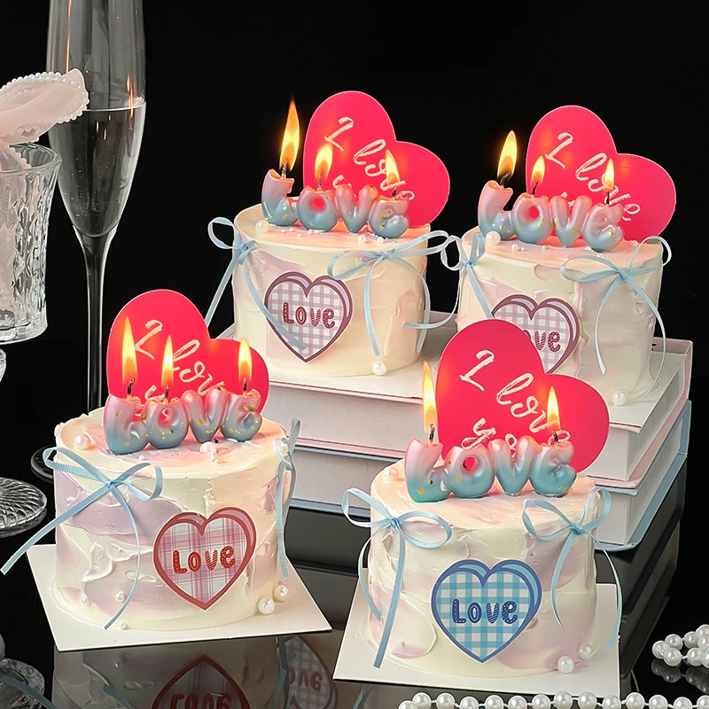 520情人节蛋糕装饰I Love you爱心插牌情侣表白渐变love蜡烛插件