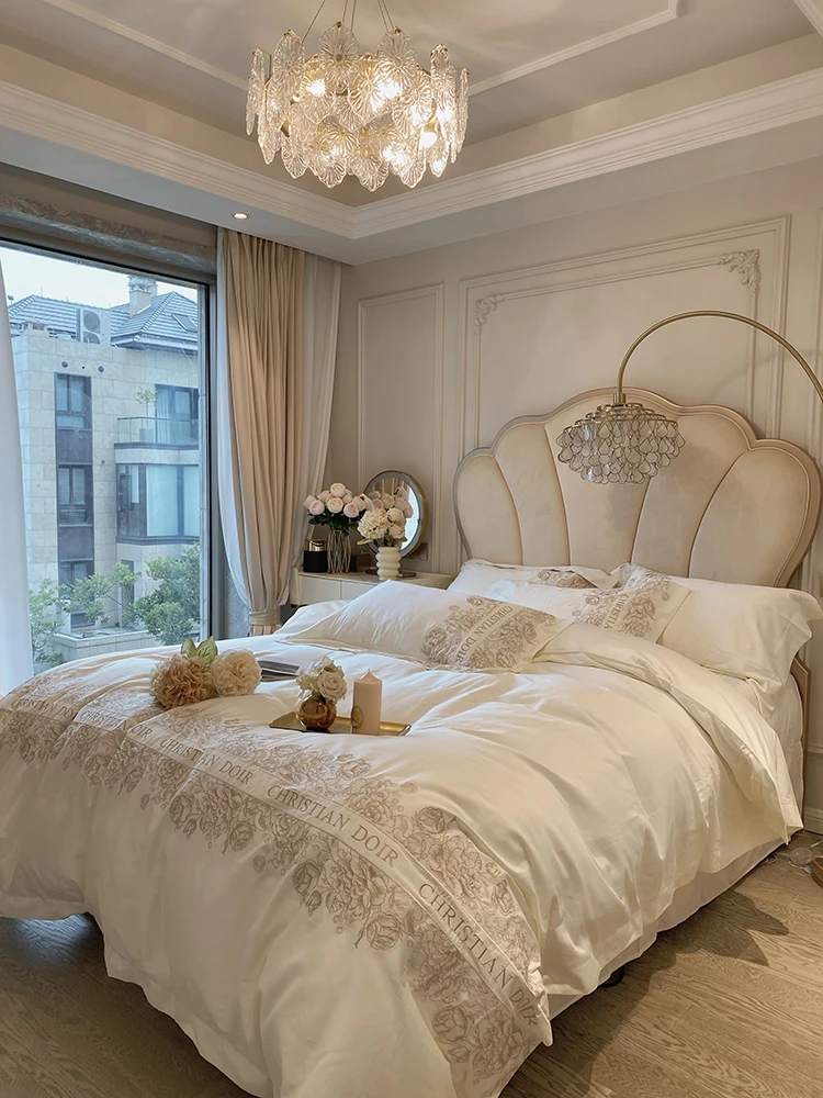 轻奢高档全棉纯棉四件套100支长绒棉绣花纯色被套四季床上用品