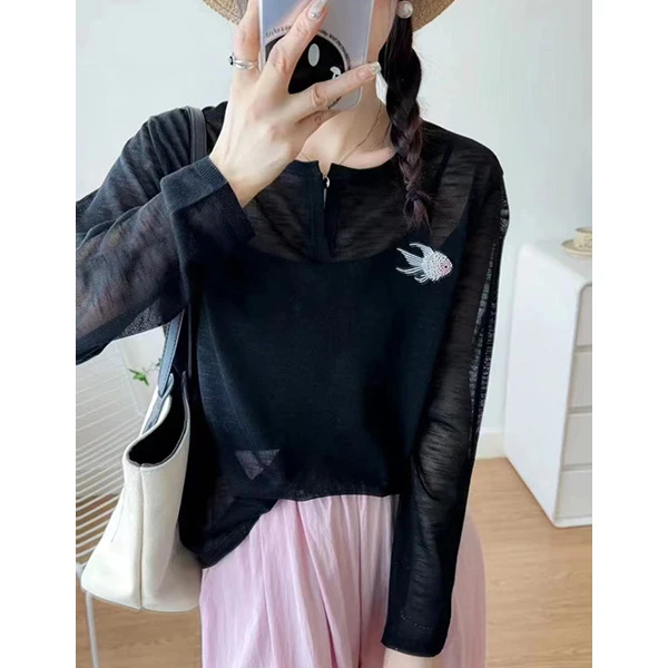 胸116-146长57薄款长袖精致金鱼钉珠毛针织衫宽松百搭圆领 8251