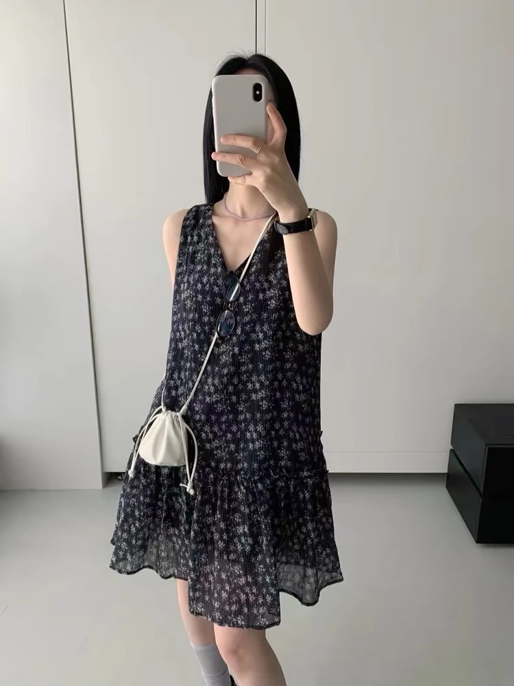 灰灰呀！5182 韩系 可单穿 可叠穿！V领碎花无袖背心连衣裙