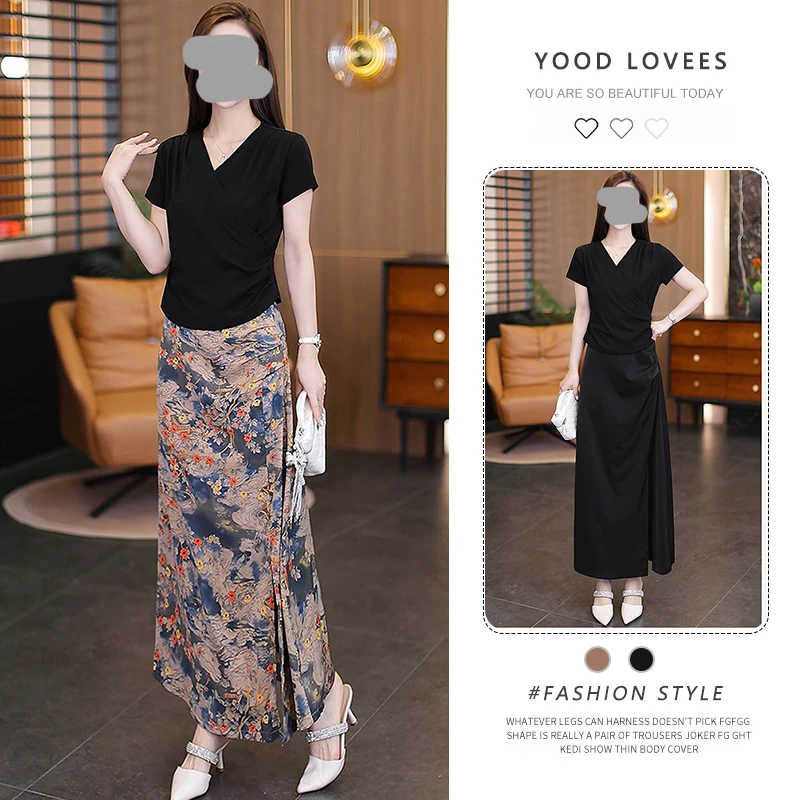 2026夏季新款时尚气质百搭简约修身设计感T恤+高腰显瘦半身裙套装