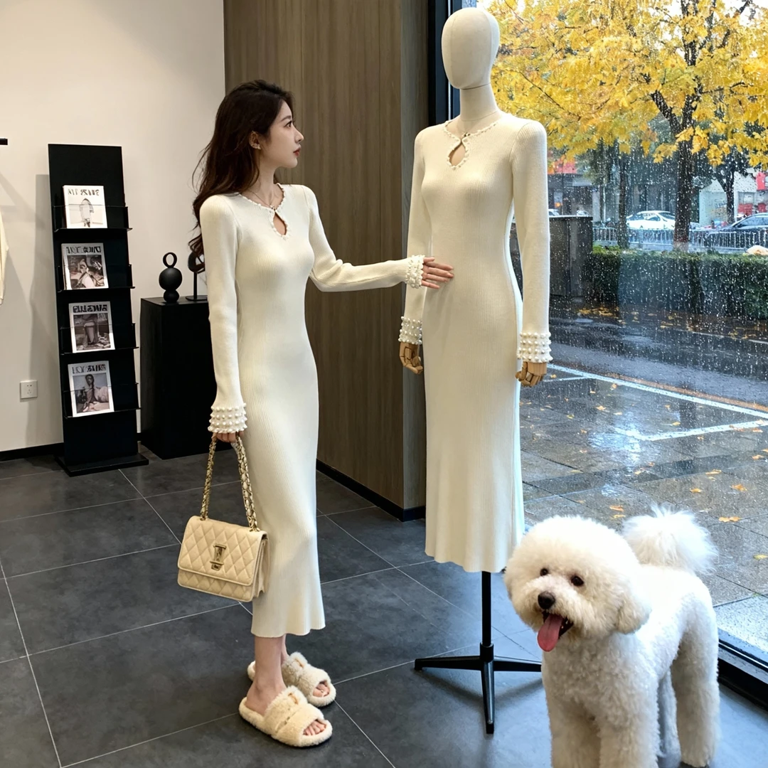 韩国高级气质优雅风水滴领针织毛衣冬女士欧美风无袖打底裙