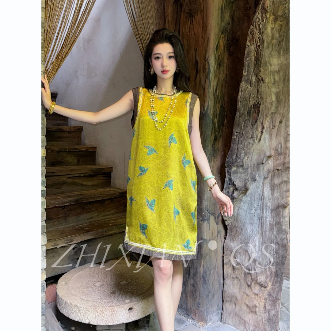 【智贤轻奢】金玉福蝶-25年夏季新款人丝香云系列无袖拼接连衣裙