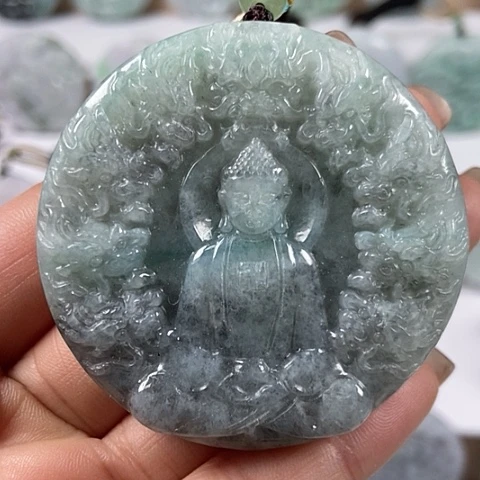 翡翠颈饰未镶嵌山水九龙大日如来两面工福利翡翠乌鸡料