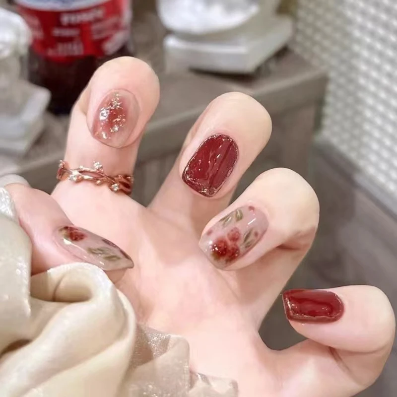 穿戴甲美甲贴片网红玫瑰红金箔晕染冰透枣红色假指甲纯欲红棕成品