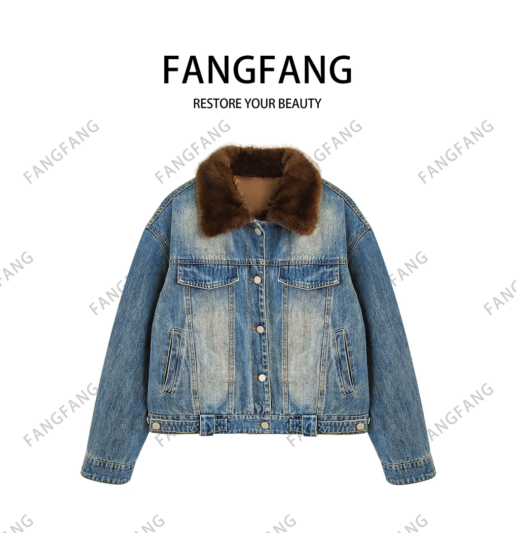 方方私服 厚款宽松型复古港风时尚气质90白鸭绒牛仔羽绒服95213-1