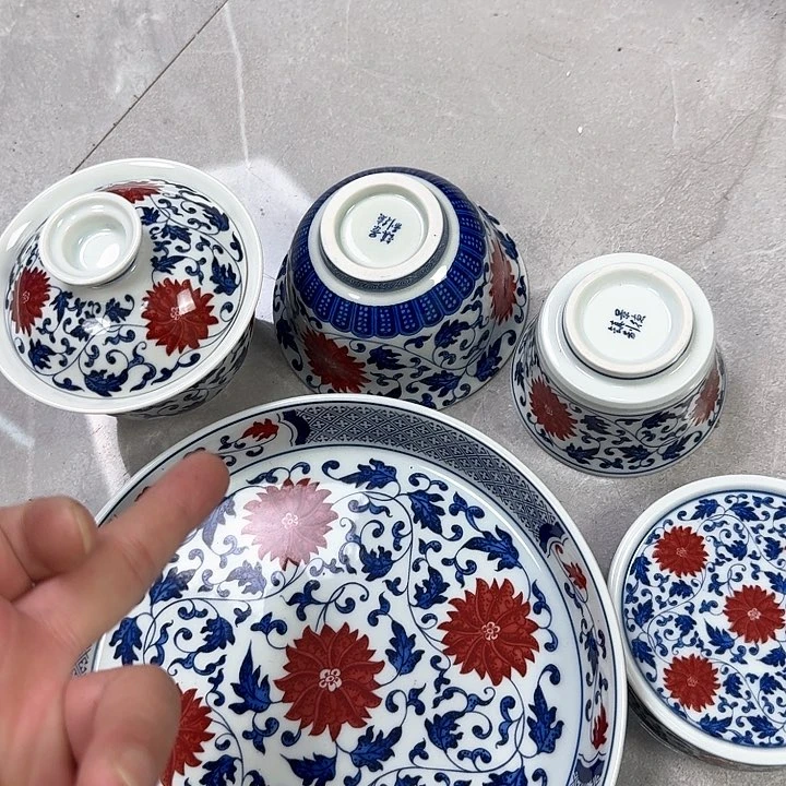 瓷片釉里红缠枝莲5件套景德镇