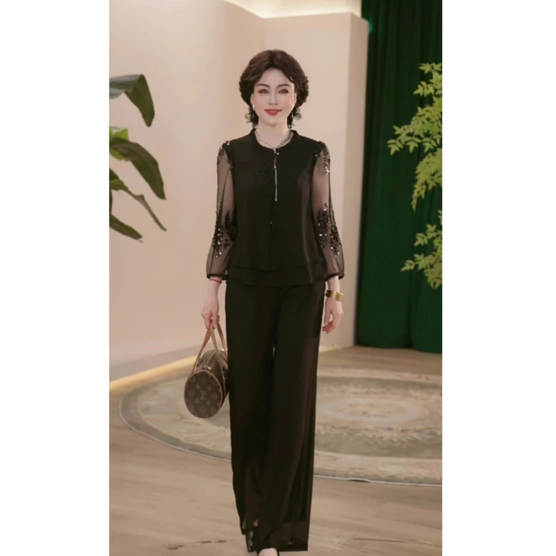 2025新款春夏妈妈装薄款时尚套装气质衬衣女装洋气减龄T恤两件套