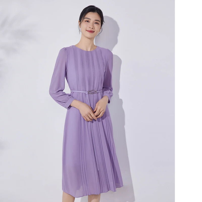 【晨晨精选】粉蓝衣橱东方优雅飘逸压褶裙女2025春装新款仿乔其纱袖