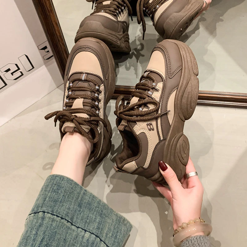 爆款吸睛显瘦春秋新款欧美风黑色百搭厚底老爹鞋时尚休闲潮流炸街