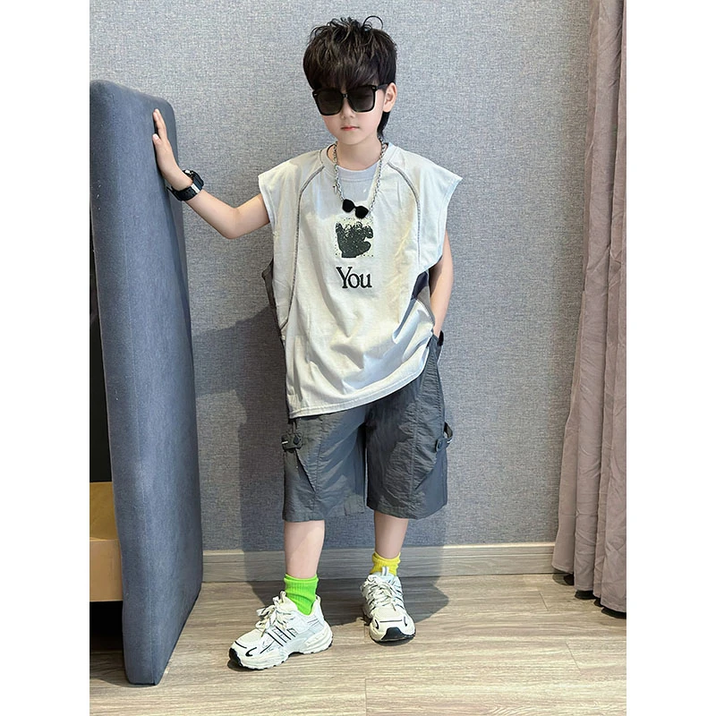 男童夏季时尚百搭潮流个性无袖背心套装中大童帅气韩系两件套男孩