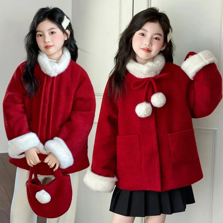 2025新款女童冬季童装甜系毛毛领年服夹棉毛呢中大童儿童夹棉外套